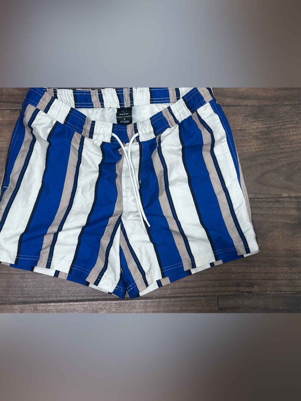 Original Use Blue, White and Tan Vertical Stripe Swim Shorts